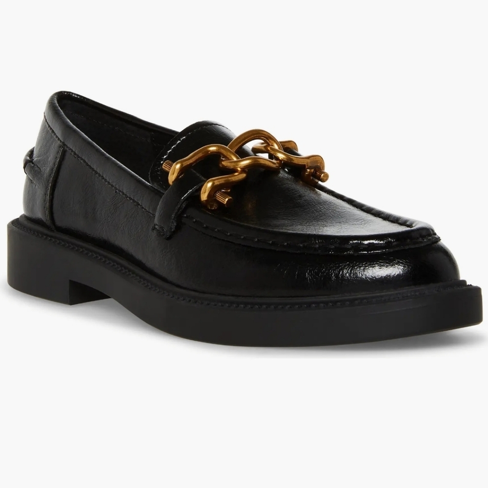 NWT Steve Madden Karmine Genuine Leather Horse But Loafers in Glossy Black Sz6.5